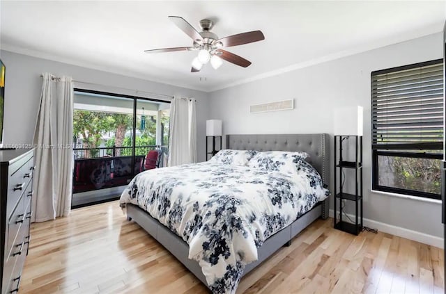 bedroom with ornamental molding, access to exterior, ceiling fan, and light hardwood / wood-style flooring