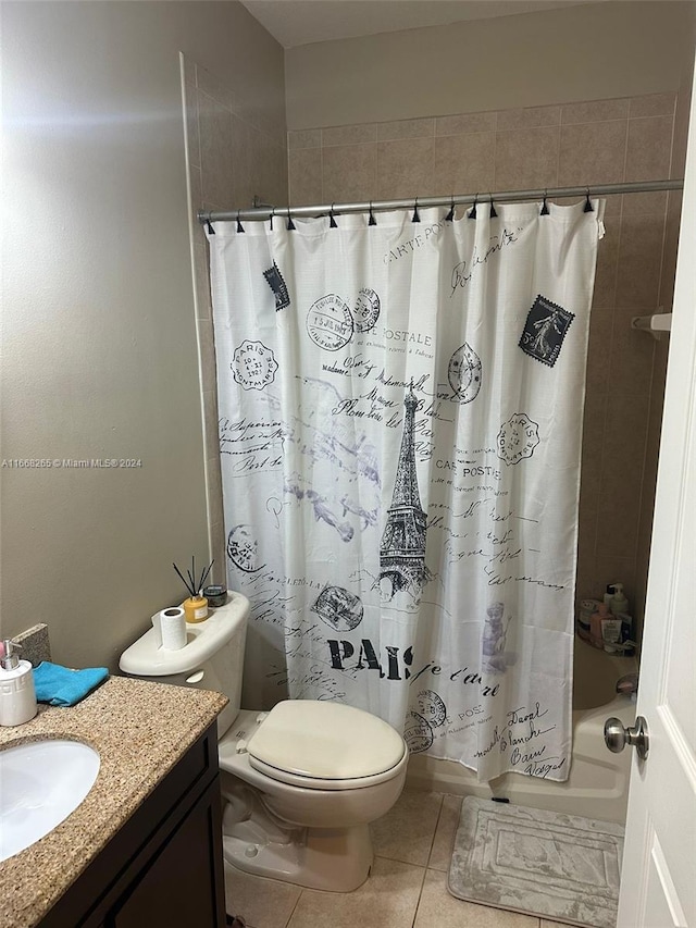 full bathroom with toilet, vanity, shower / bath combination with curtain, and tile patterned flooring