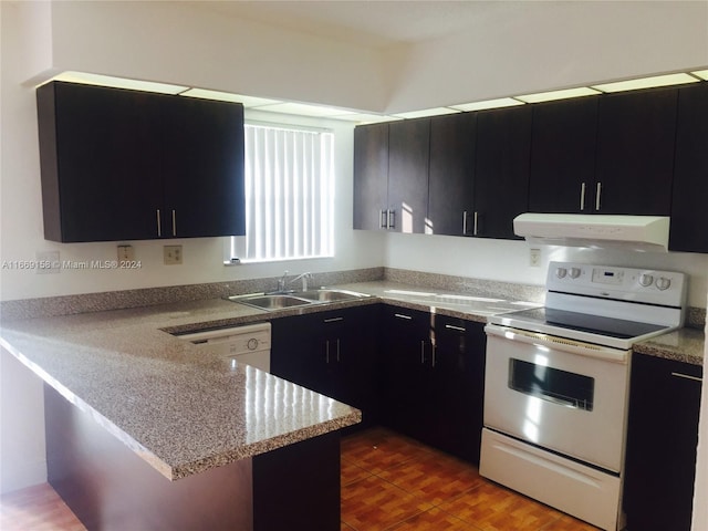 kitchen with white appliances, sink, and kitchen peninsula