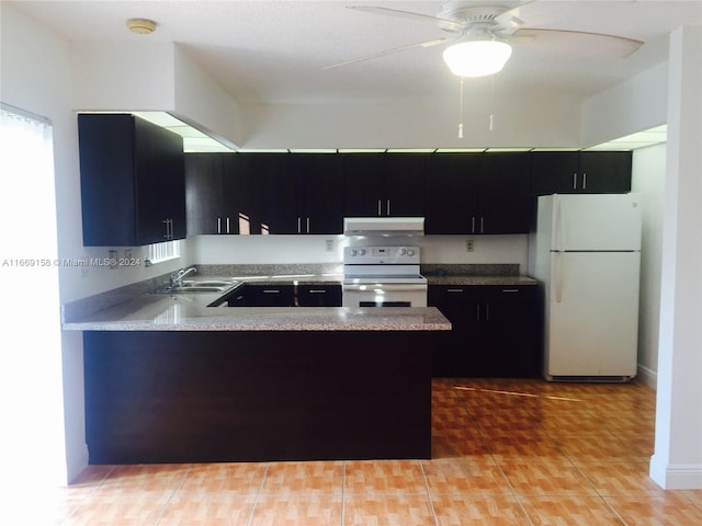 8205 SW 23rd Ct Unit 21A, North Lauderdale, FL 33068 - kitchen with white appliances, dark cabinetry, under cabinet range hood, a peninsula, and ceiling fan