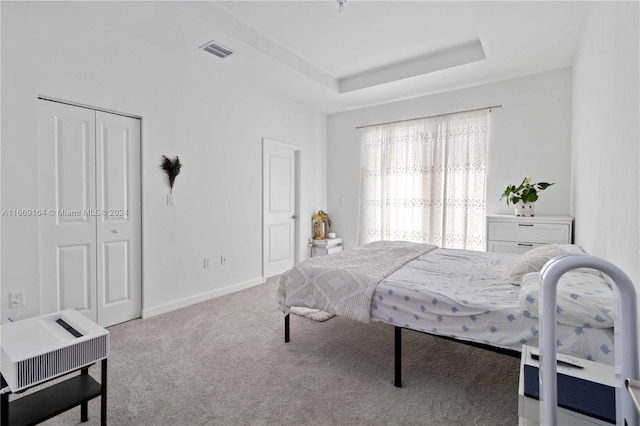 bedroom featuring light carpet, a closet, and a raised ceiling