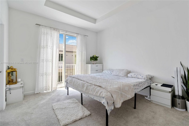 bedroom featuring light carpet, a tray ceiling, and access to exterior