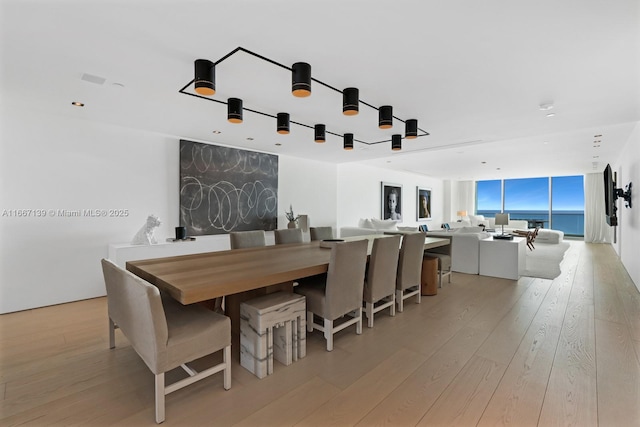 dining space with light wood-type flooring and expansive windows