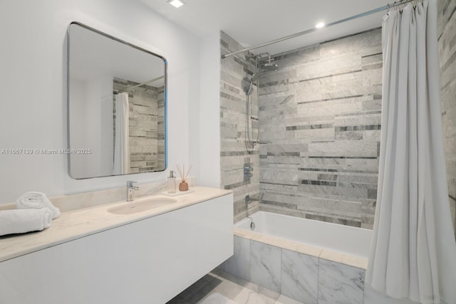 bathroom with vanity and shower / bath combo with shower curtain