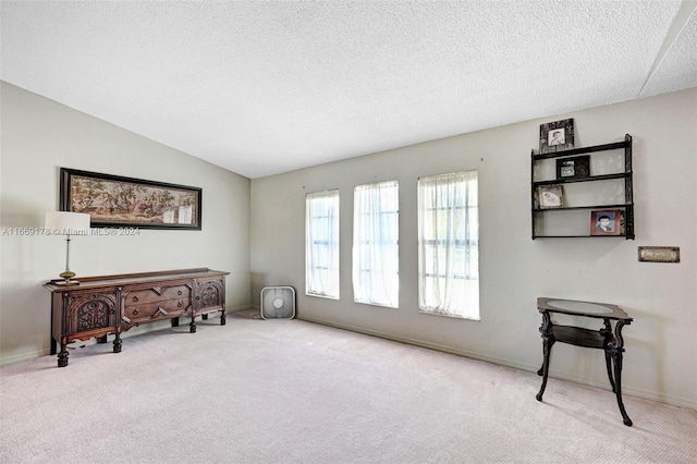 living area featuring light colored carpet, a textured ceiling, and lofted ceiling