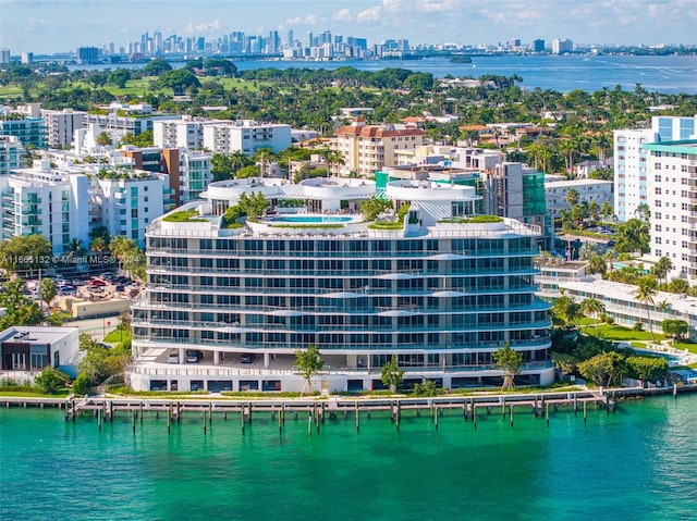 aerial view featuring a water view