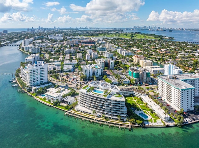 bird's eye view with a water view