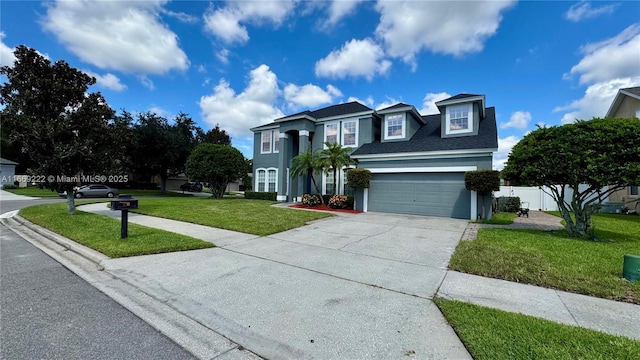 view of front of home featuring a front yard and a garage