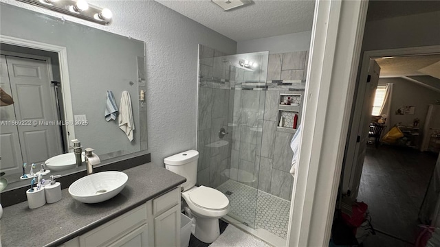 bathroom featuring a shower with door, vanity, a textured ceiling, and toilet