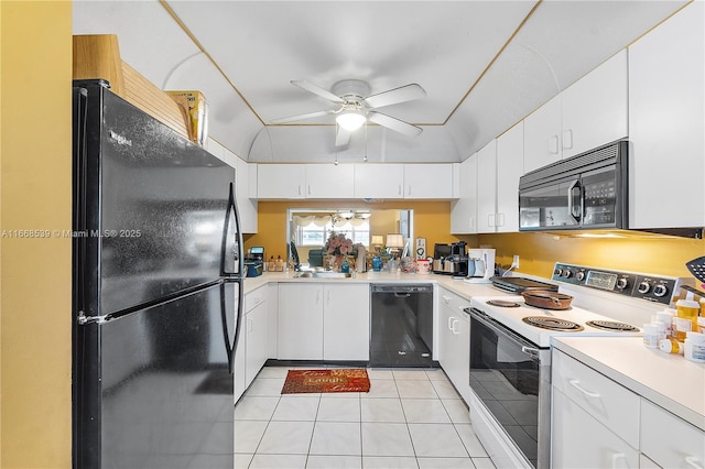 kitchen with white cabinetry, sink, ceiling fan, light tile patterned floors, and black appliances