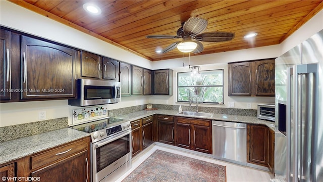 kitchen featuring light stone countertops, appliances with stainless steel finishes, wood ceiling, and sink