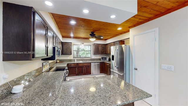 kitchen featuring kitchen peninsula, appliances with stainless steel finishes, and wooden ceiling