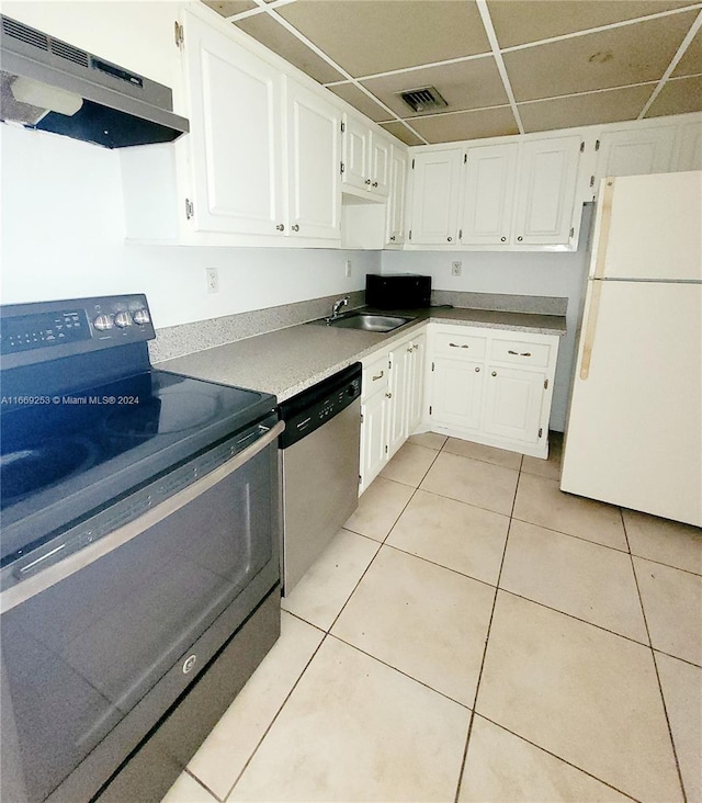 kitchen with white refrigerator, stainless steel dishwasher, extractor fan, white cabinetry, and black range with electric cooktop