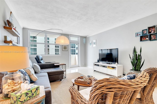 living room with a textured ceiling