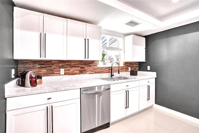 kitchen featuring light stone counters, white cabinets, sink, tasteful backsplash, and dishwasher