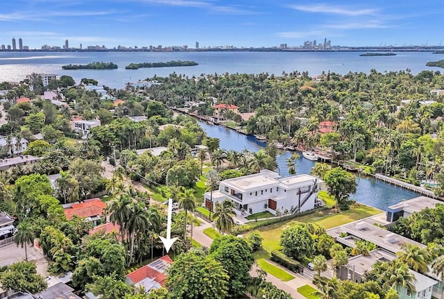 drone / aerial view featuring a water view