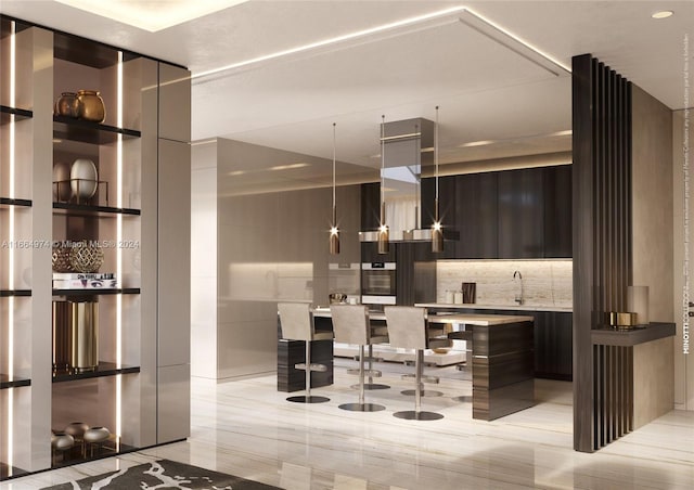 kitchen featuring light tile patterned floors, sink, decorative light fixtures, backsplash, and oven