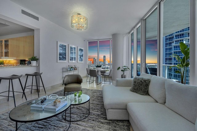 living room with a wall of windows