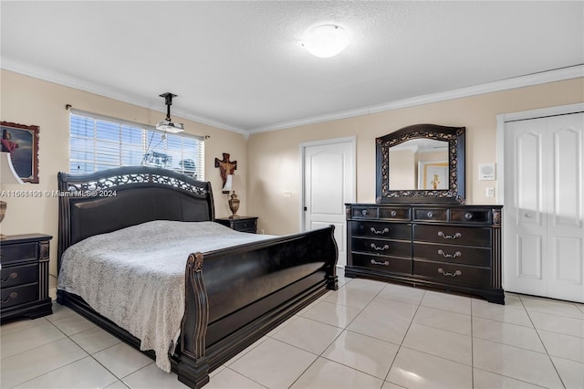 tiled bedroom with crown molding