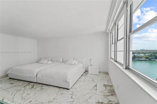 bedroom with multiple windows and a water view