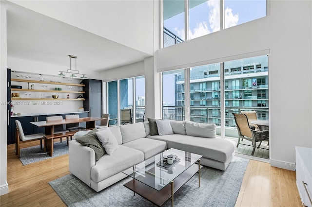 living room with a towering ceiling, hardwood / wood-style floors, and plenty of natural light