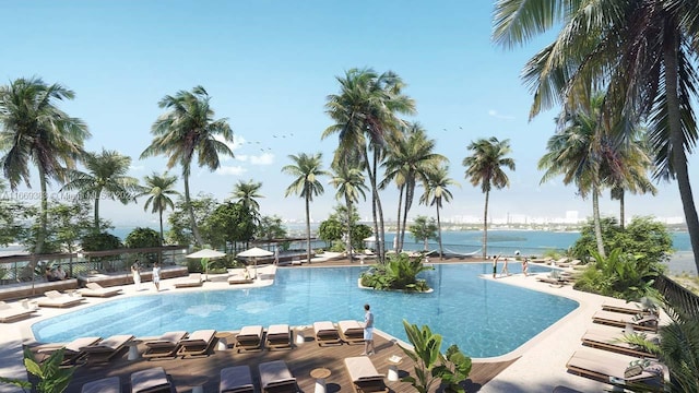 view of swimming pool featuring a water view and a patio area