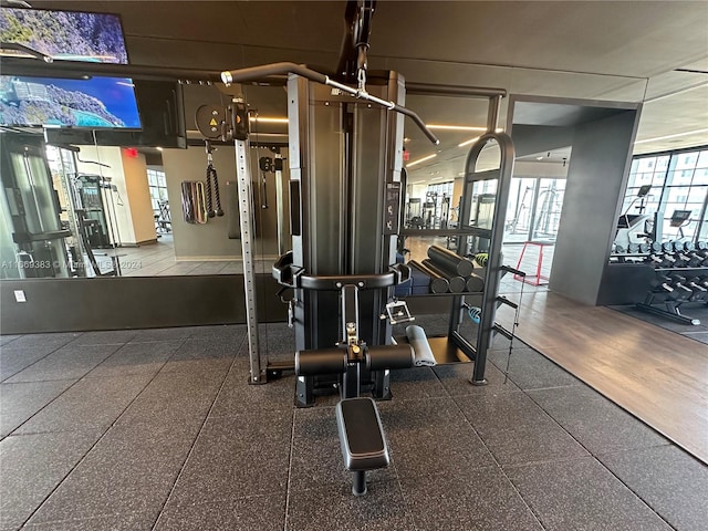 exercise room with hardwood / wood-style flooring