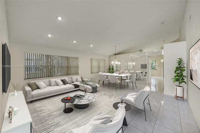 living room with vaulted ceiling and light tile patterned floors