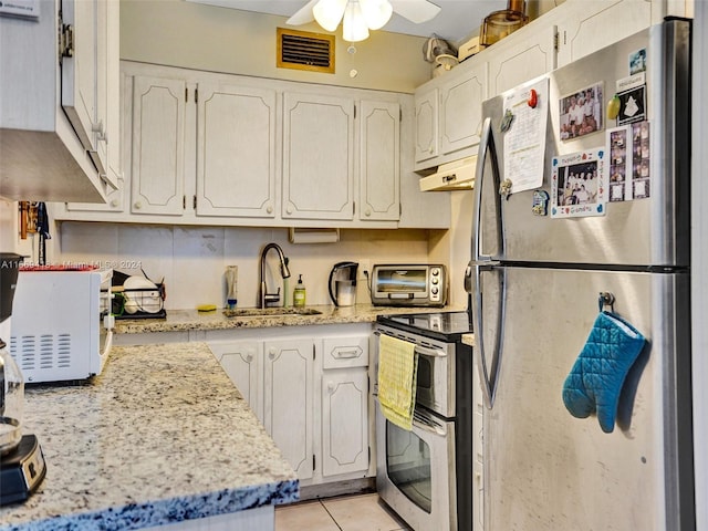 kitchen featuring white cabinetry, ceiling fan, appliances with stainless steel finishes, and sink