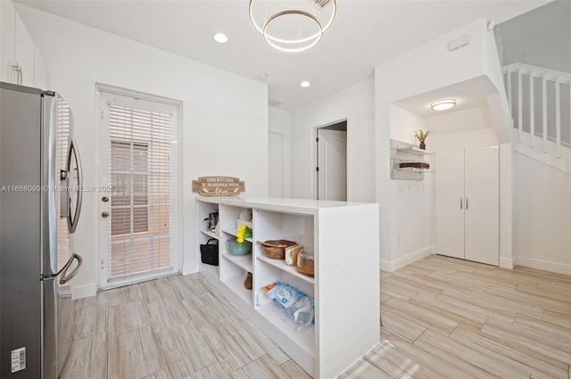622 SW 147th Ter, Pembroke Pines, FL 33027 - kitchen with freestanding refrigerator, open shelves, wood tiled floors, baseboards, and recessed lighting