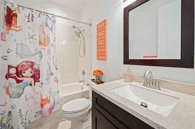 full bathroom with toilet, vanity, and shower / tub combo with curtain