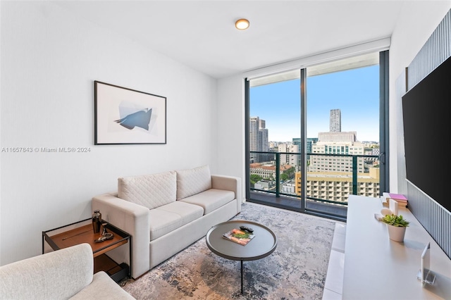 living room featuring a wall of windows