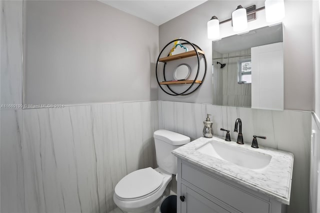 bathroom with a tile shower, vanity, and toilet