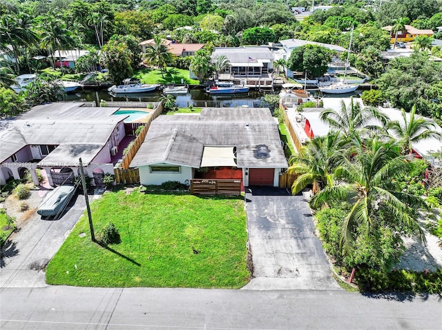 bird's eye view with a water view