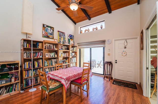 dining room featuring beamed ceiling, high vaulted ceiling, a healthy amount of sunlight, and wooden ceiling