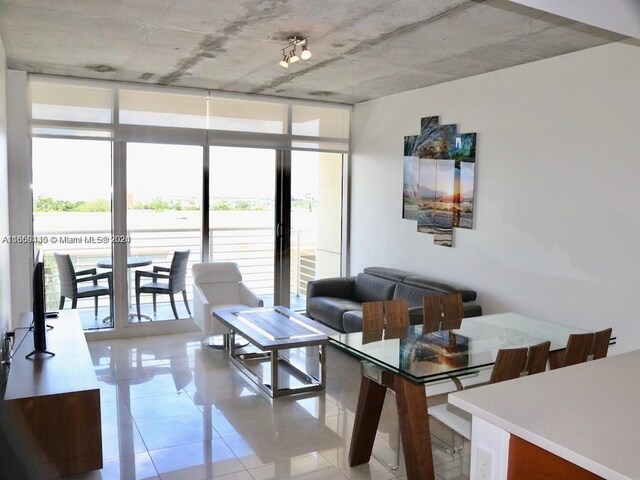 living room with light tile patterned floors and expansive windows