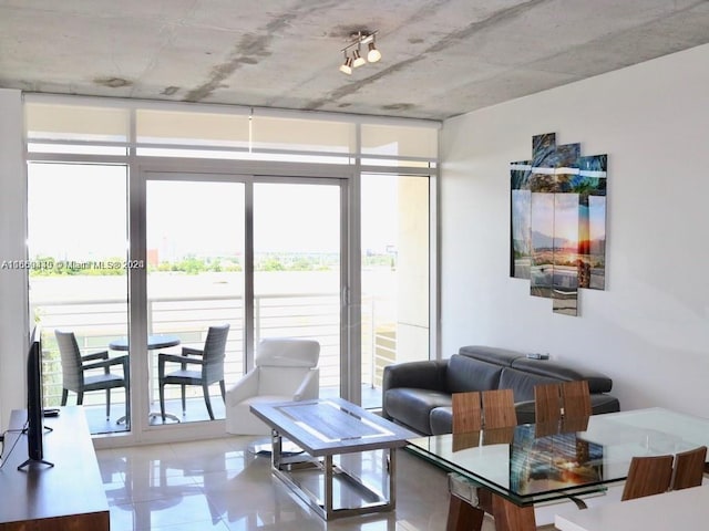 living room featuring a wall of windows and tile patterned floors