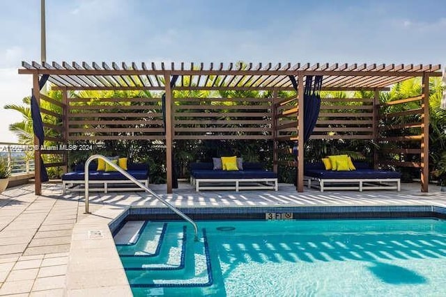 community pool with a pergola, a patio area, and an outdoor living space