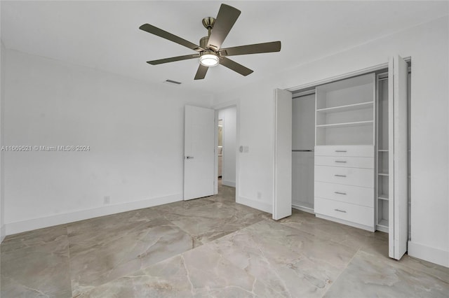 unfurnished bedroom with a closet and ceiling fan