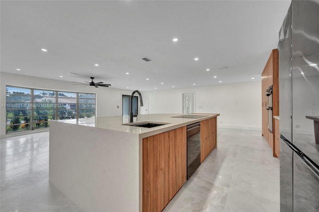 kitchen with black dishwasher, a large island with sink, stainless steel fridge, and sink