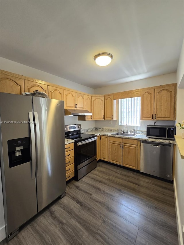 kitchen featuring light brown cabinets, appliances with stainless steel finishes, sink, and dark hardwood / wood-style flooring