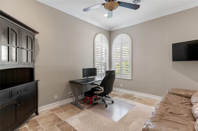 office space featuring ceiling fan and ornamental molding