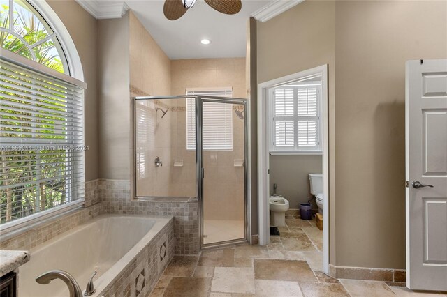 full bathroom with vanity, crown molding, shower with separate bathtub, toilet, and a bidet