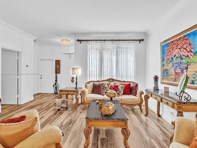 living room featuring ornamental molding, a textured ceiling, and wood-type flooring