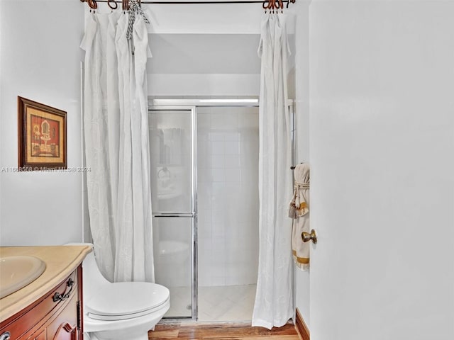 bathroom featuring vanity, toilet, wood-type flooring, and a shower with shower curtain