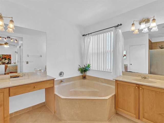 bathroom featuring vanity, tile patterned floors, and plus walk in shower