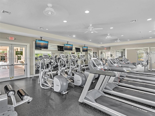 gym with french doors and ceiling fan