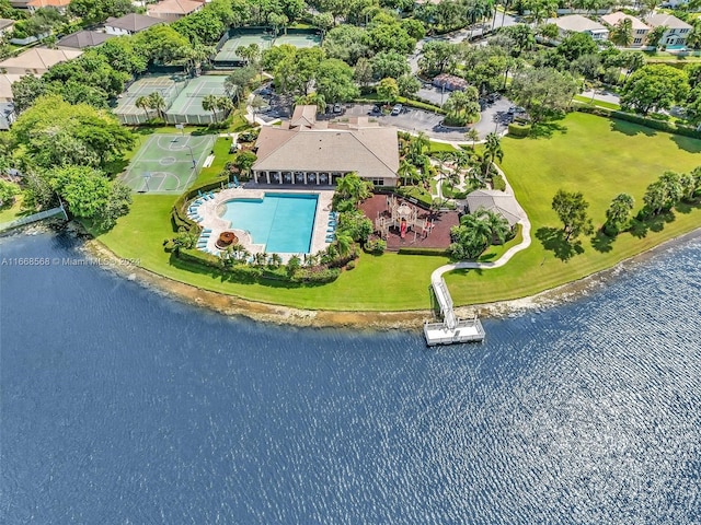 drone / aerial view featuring a water view