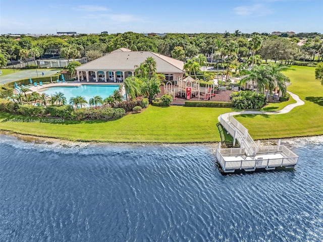 drone / aerial view with a water view