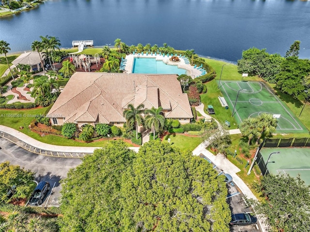 drone / aerial view featuring a water view